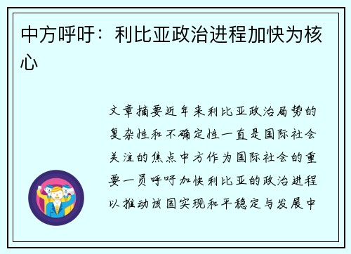 中方呼吁：利比亚政治进程加快为核心