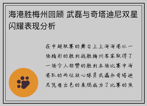 海港胜梅州回顾 武磊与奇塔迪尼双星闪耀表现分析